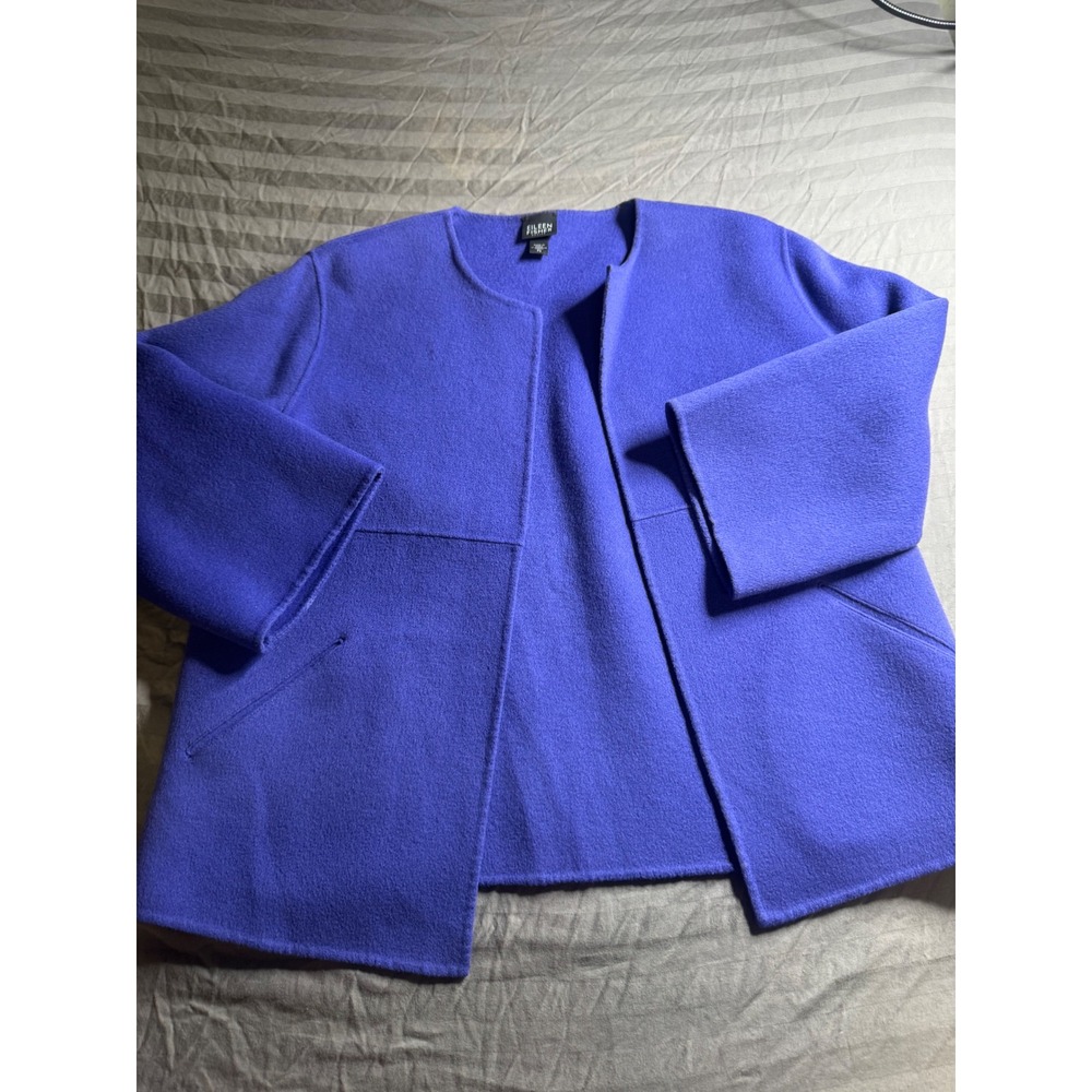 Eileen Fisher Petite Royal Blue Boiled Wool Blend Open Front Jacket PS 1860